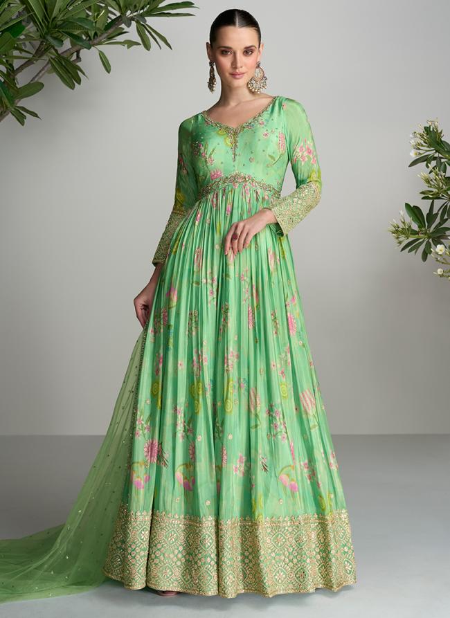 Real Chinnon Green Wedding Wear Printed Readymade Gown With Dupatta